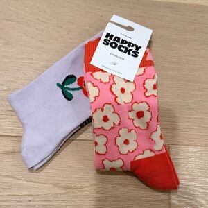 NWT Happy Socks Red and Pink Floral Crew Socks 2 pair size 7-9